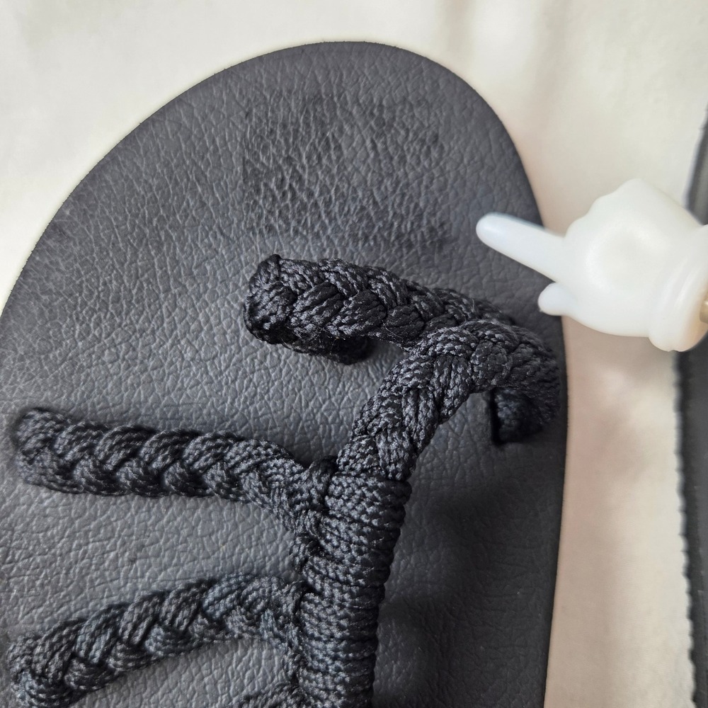 Plaka Seashell Black Woven Rope Strappy Slide Sandals Womens Size 9 Hand-Woven - Picture 5 of 6